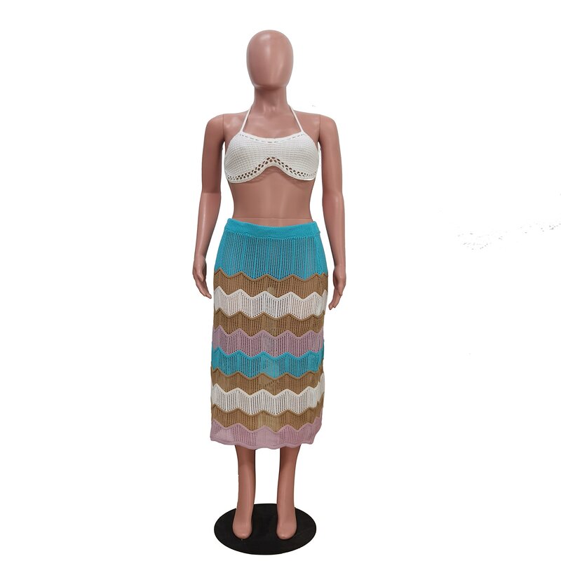 Beach Set Manufacturer - Wholesale Rainbow Colourful Halter Bra Long Skirt Set