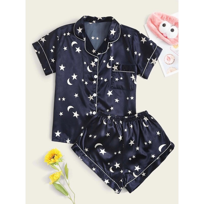 Pajama Set Manufacturer - Cute Floral Print Satin Short Sleeve Shirt Set