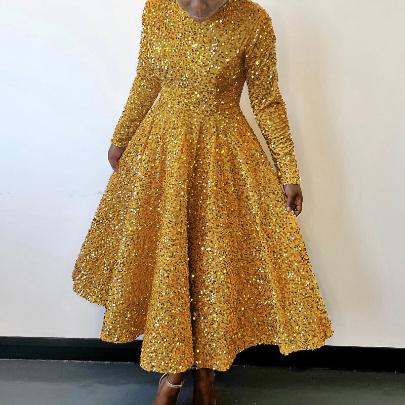 Sequin Dress Manufacturer - Custom Fit and Flare Long Sleeve Royal Blue Dress