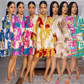 Plus Size Dress Manufacturer - Custom Knee-Length Floral V-Neck Flare Dress