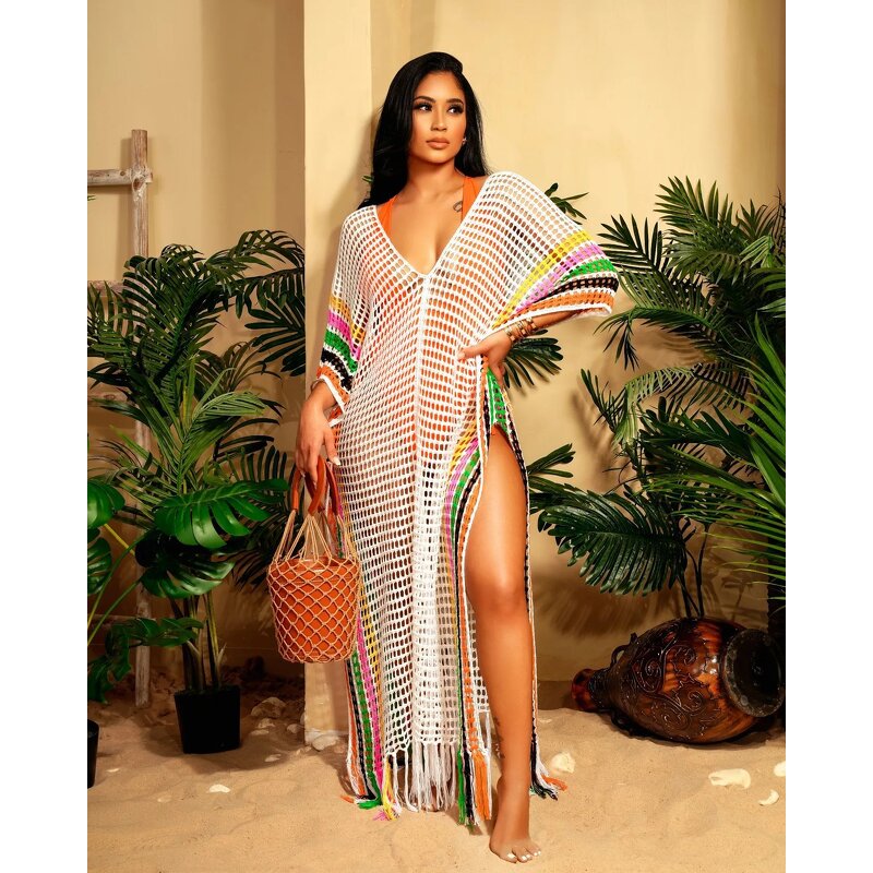 Beach Cover Up Manufacturer - Wholesale V Neck Knit Crochet Mesh Loose Dress