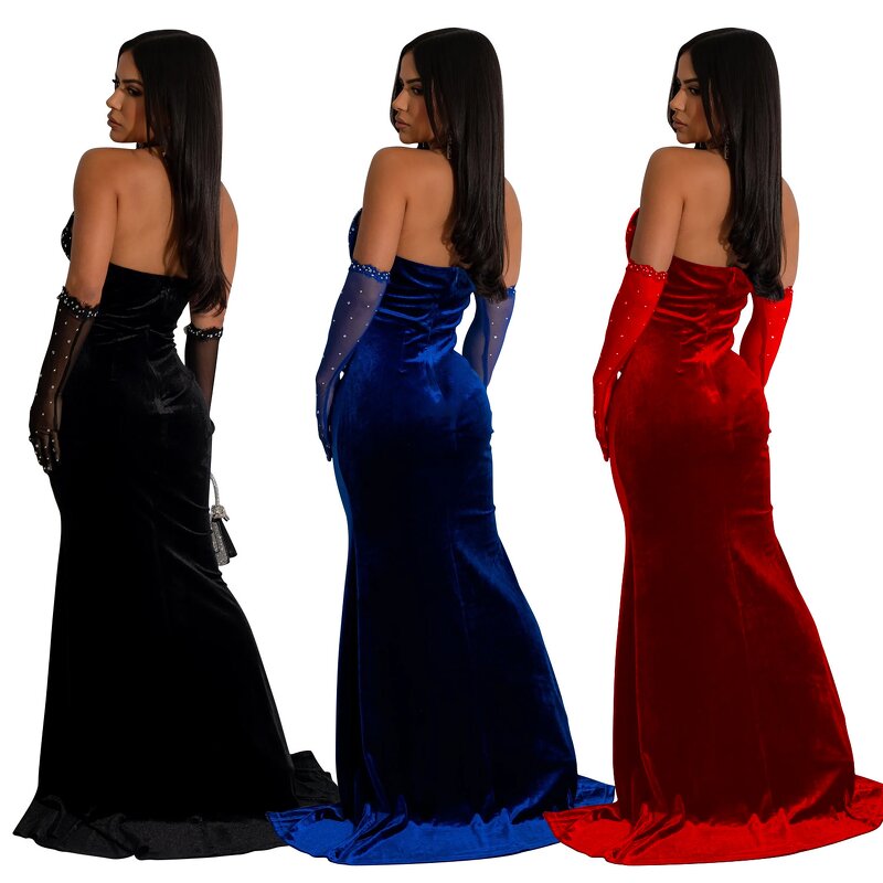 Velvet Evening Dress Manufacturer - Custom High Slit Sweep Train Sequined Gown