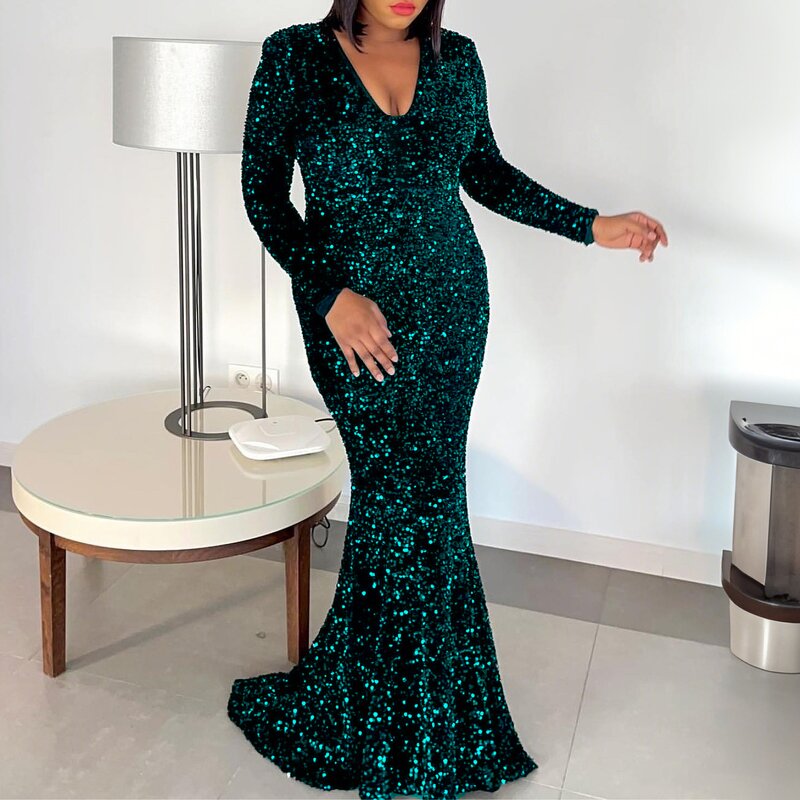 Evening Gown Manufacturer - Custom Elegant Sequin Fish Tail Floor Length Gown