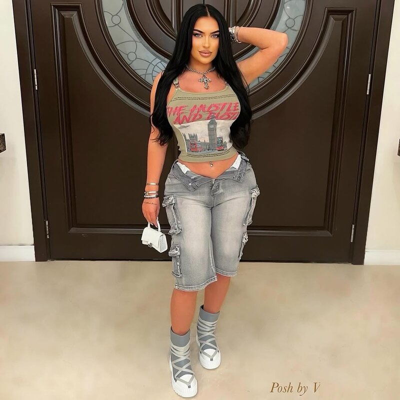 Women Shorts Manufacturer - Custom Loose Fifth Denim Cargo Pocket Shorts