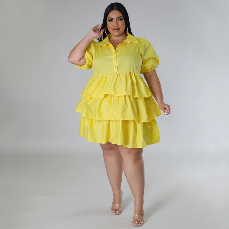 Plus Size Dress Manufacturer - Wholesale Vintage Solid Pleated Short Sleeve Dress