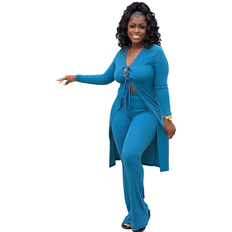 Women Two-Piece Set Manufacturer - Fall Thread Knit Lace-up Blouse Pants Set