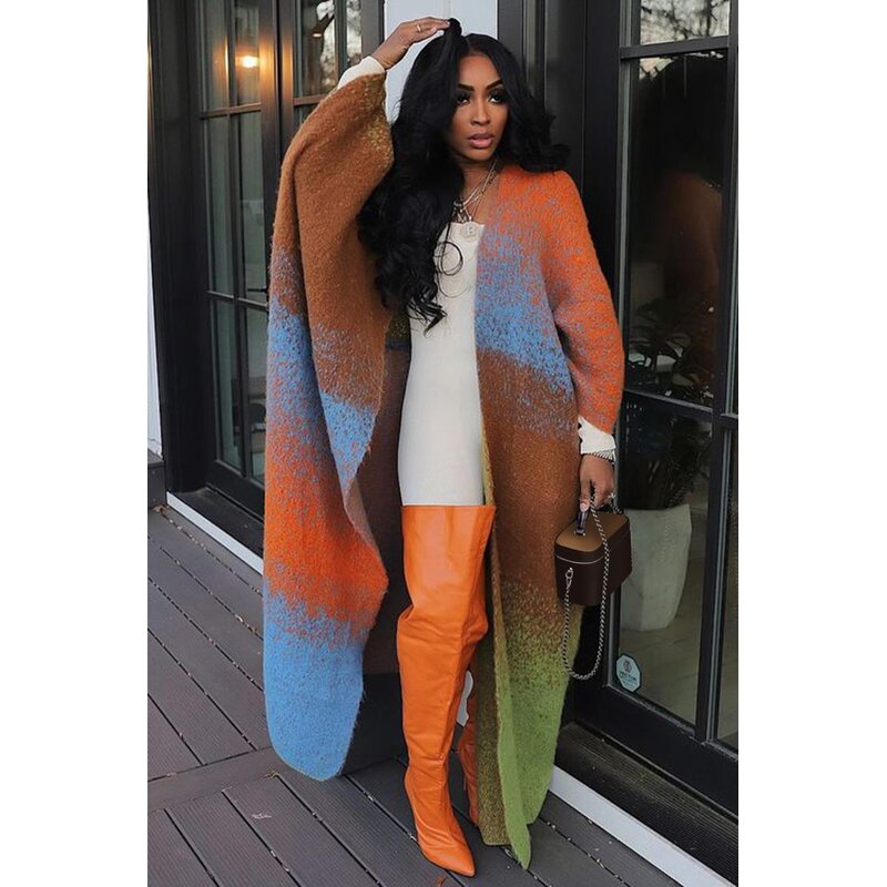 Long Cardigan Manufacturer - Thick Multi Color Patchwork Knitted Long Coat
