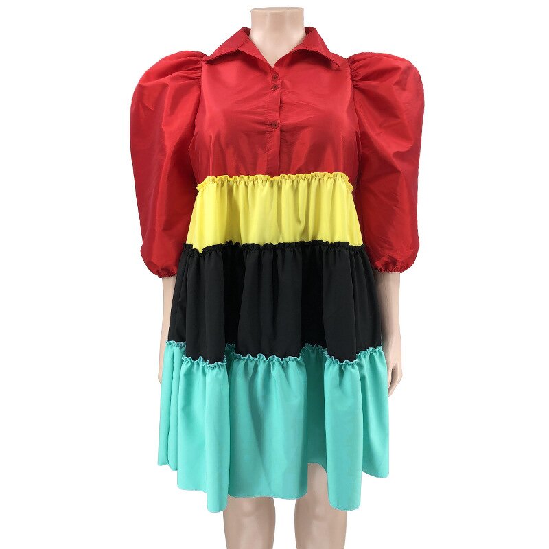 Plus Size Dress Manufacturer - Wholesale Patchwork Bubble Sleeve Tshirt Dress