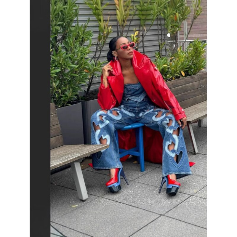 Women Pants Manufacturer - Custom Heart Cutout Washed Loose Wide Leg Jeans