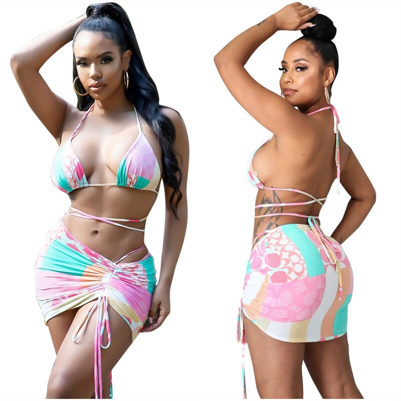 Bikini Set Manufacturer - Custom Brazilian Halter Swimwear 3 Pieces Set