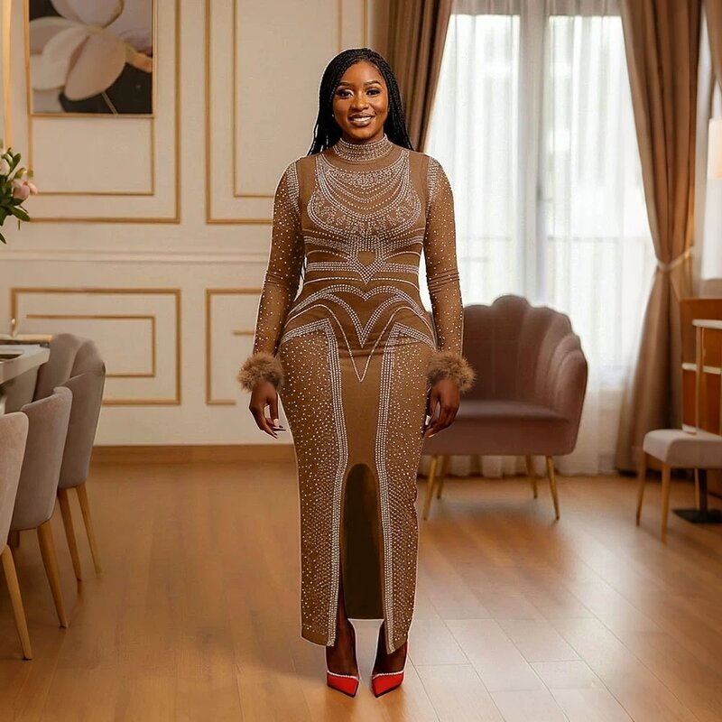 Evening Dress Manufacturer - Custom Plus Size Bodice Applique Split Rhinestone Dress