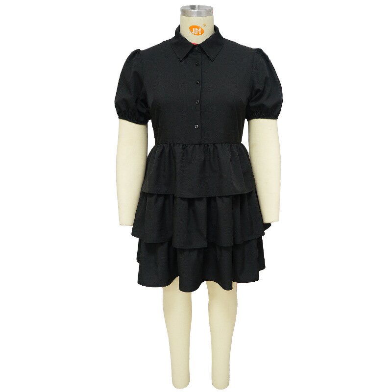 Plus Size Dress Manufacturer - Wholesale Vintage Solid Pleated Short Sleeve Dress