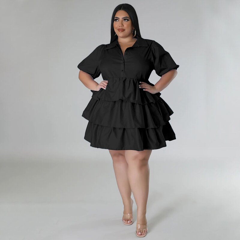 Plus Size Dress Manufacturer - Wholesale Vintage Solid Pleated Short Sleeve Dress