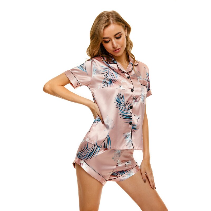 Pajama Set Manufacturer - Cute Floral Print Satin Short Sleeve Shirt Set