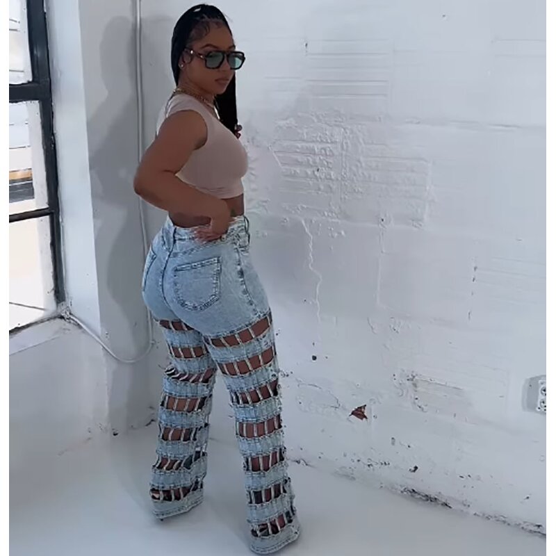 Women Jeans Manufacturer - Wholesale Hollow Out Distressed Straight Leg Jeans