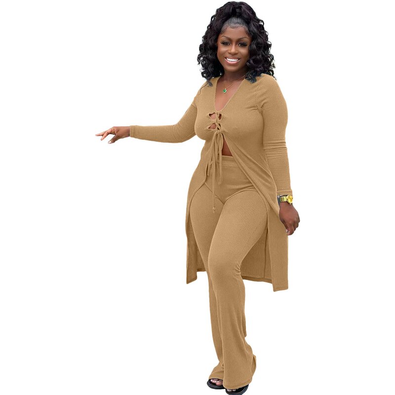 Women Two-Piece Set Manufacturer - Fall Thread Knit Lace-up Blouse Pants Set