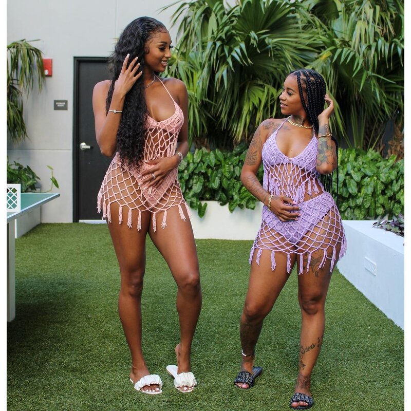 Bikini Set Manufacturer - Custom Pink Tassel See Through Crochet Bikini Set