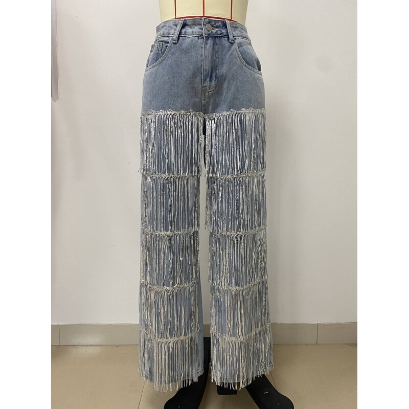 Women Jeans Manufacturer - Custom Glitter Tassel Fringe Streetwear Jeans