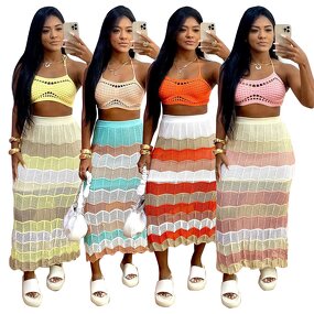 Beach Set Manufacturer - Wholesale Rainbow Colourful Halter Bra Long Skirt Set