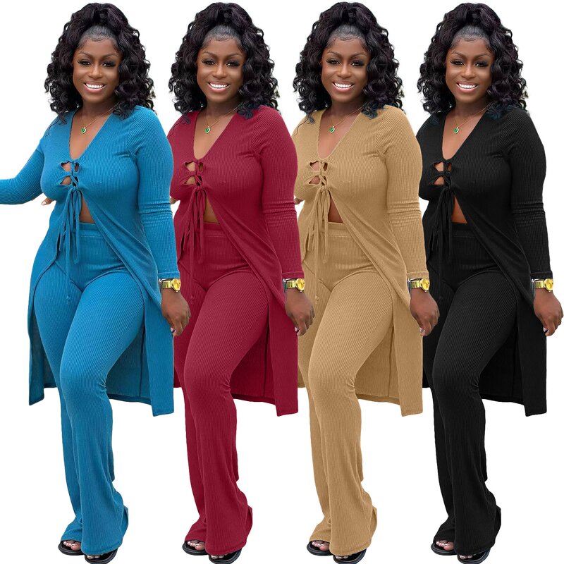 Women Two-Piece Set Manufacturer - Fall Thread Knit Lace-up Blouse Pants Set