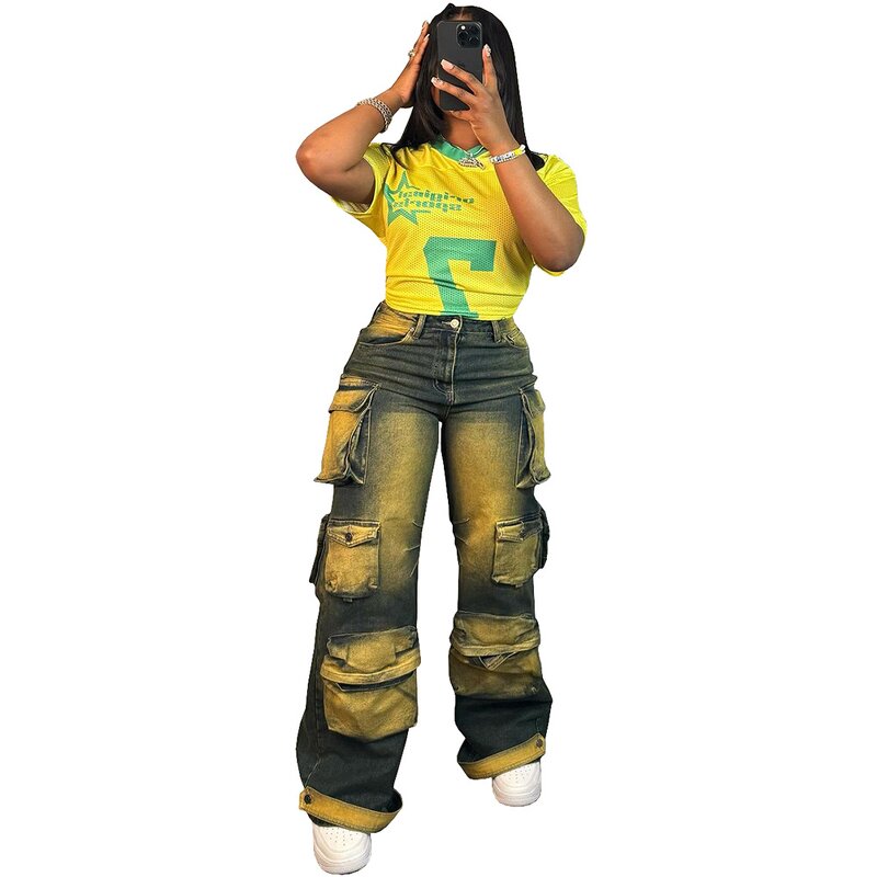 Women Jeans Manufacturer - Custom Tie Dyed Multi-pocket High Waist Cargo Jeans