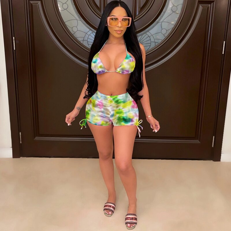 Bikini Set Manufacturer - Custom Colourful Print Bikini Top and Shorts Set