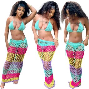 Bikini Set Manufacturer - Custom Patchwork Crochet Cover Up Midi Skirt Set