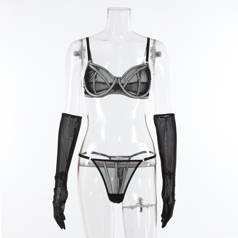 Lingerie Set Manufacturer - Custom Splicing Rhinestone Bra Panty Set