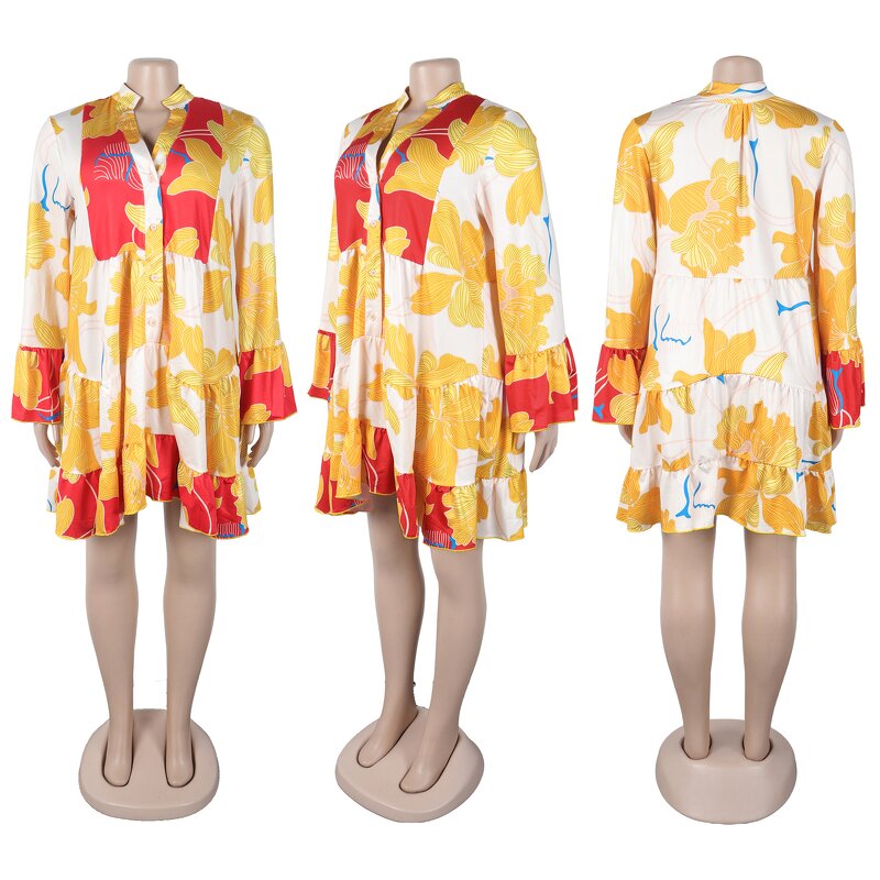 Plus Size Dress Manufacturer - Custom Knee-Length Floral V-Neck Flare Dress