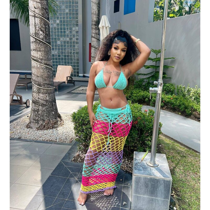 Bikini Set Manufacturer - Custom Patchwork Crochet Cover Up Midi Skirt Set