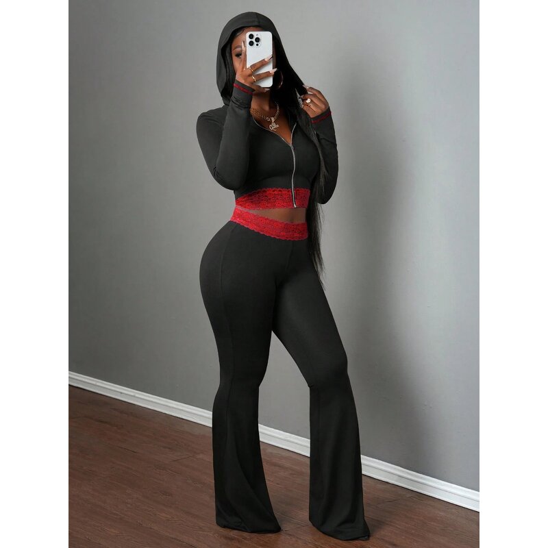 Women Knit Set Manufacturer - Custom Lace Patchwork Hooded Jacket Pants Set