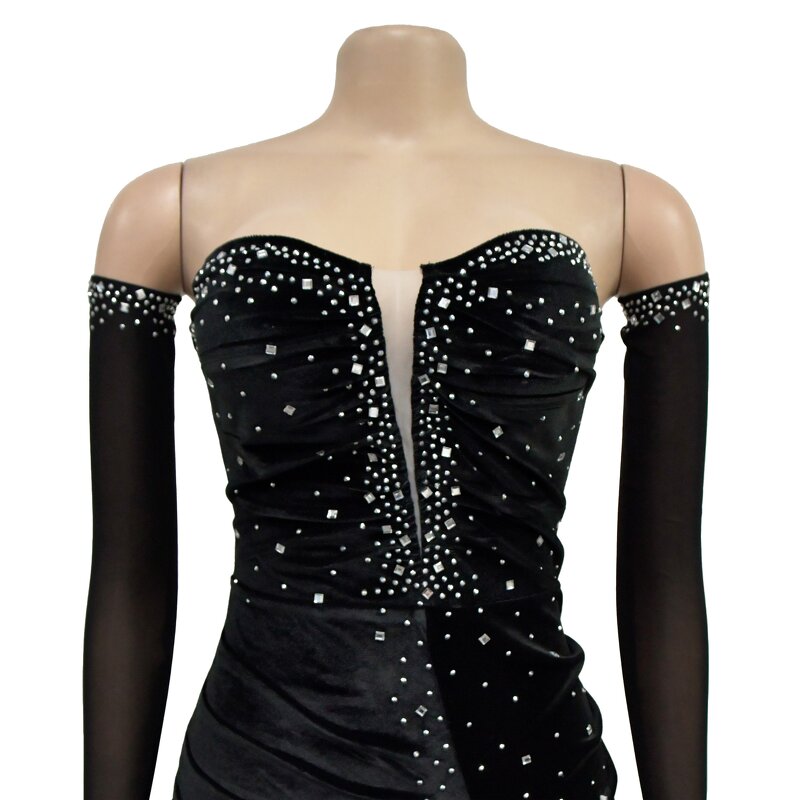 Party Dress Manufacturer - Custom Long Sleeve V Neck Pleated Rhinestone Dress
