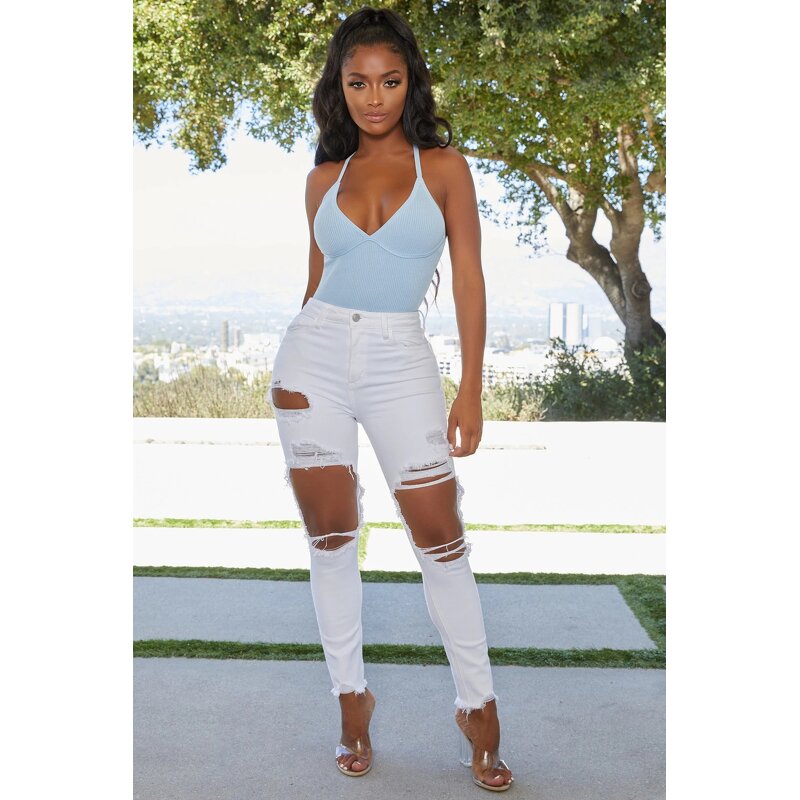 Women Jeans Manufacturer - OEM Design Ripped Elastic Destroyed Skinny Jeans