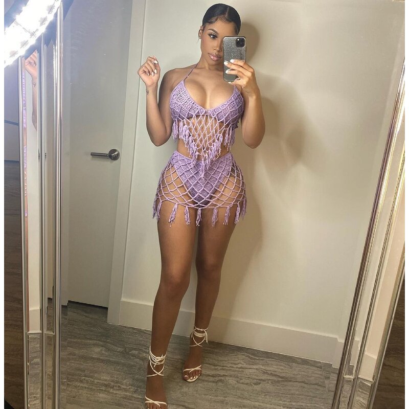 Bikini Set Manufacturer - Custom Pink Tassel See Through Crochet Bikini Set