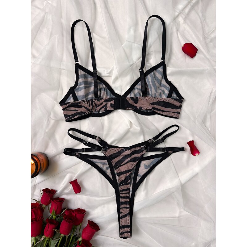 Lingerie Set Manufacturer - Cheap Mesh Steel Ring Gathered Leopard Print Set