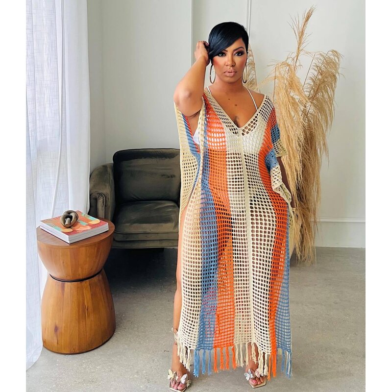 Beach Cover Up Manufacturer - Wholesale V Neck Knit Crochet Mesh Loose Dress