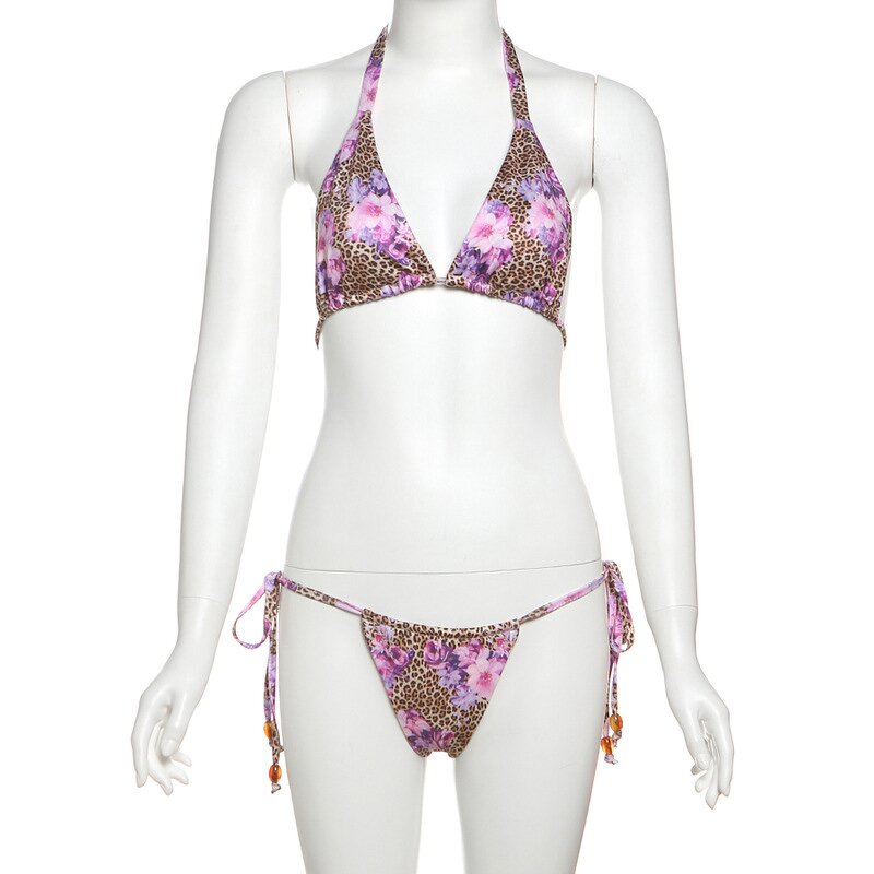 Bikini Set Manufacturer - Wholesale Leopard Floral Printed Lace Up Bikini Set