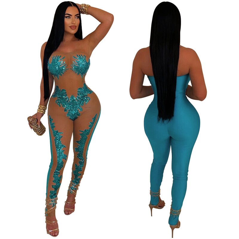 Sequin Jumpsuit Manufacturer - Custom Strapless Full Length Bodycon Club Jumpsuit