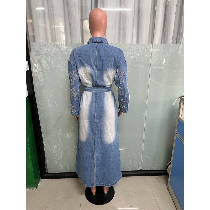 Denim Jacket Manufacturer - Custom Cross Embroidery X-Long Jean Jacket with Belt