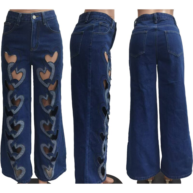 Women Pants Manufacturer - Custom Heart Cutout Washed Loose Wide Leg Jeans