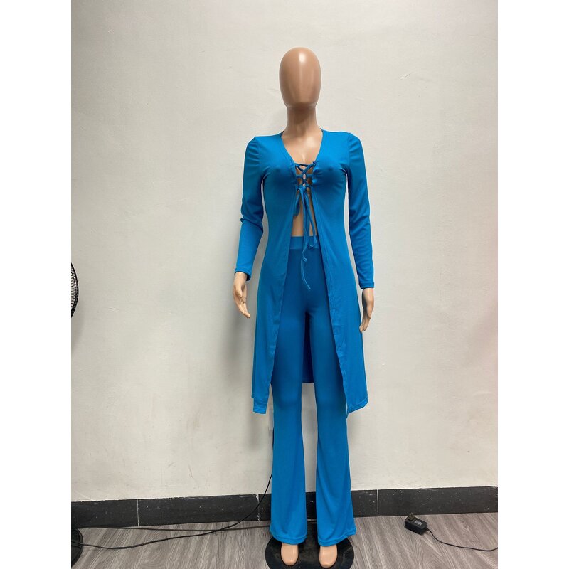 Women Two-Piece Set Manufacturer - Fall Thread Knit Lace-up Blouse Pants Set