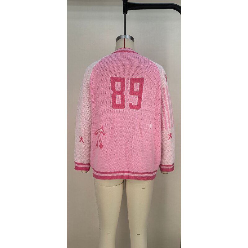 Cardigan Sweater Manufacturer - Baseball Style Zipper Pink Loose Casual Sweater