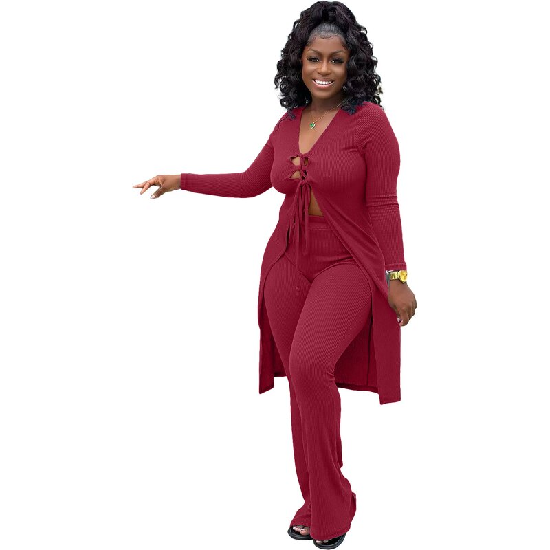 Women Two-Piece Set Manufacturer - Fall Thread Knit Lace-up Blouse Pants Set