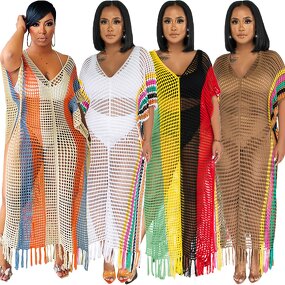 Beach Cover Up Manufacturer - Wholesale V Neck Knit Crochet Mesh Loose Dress