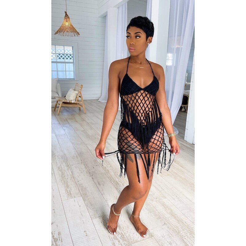 Bikini Set Manufacturer - Custom Pink Tassel See Through Crochet Bikini Set