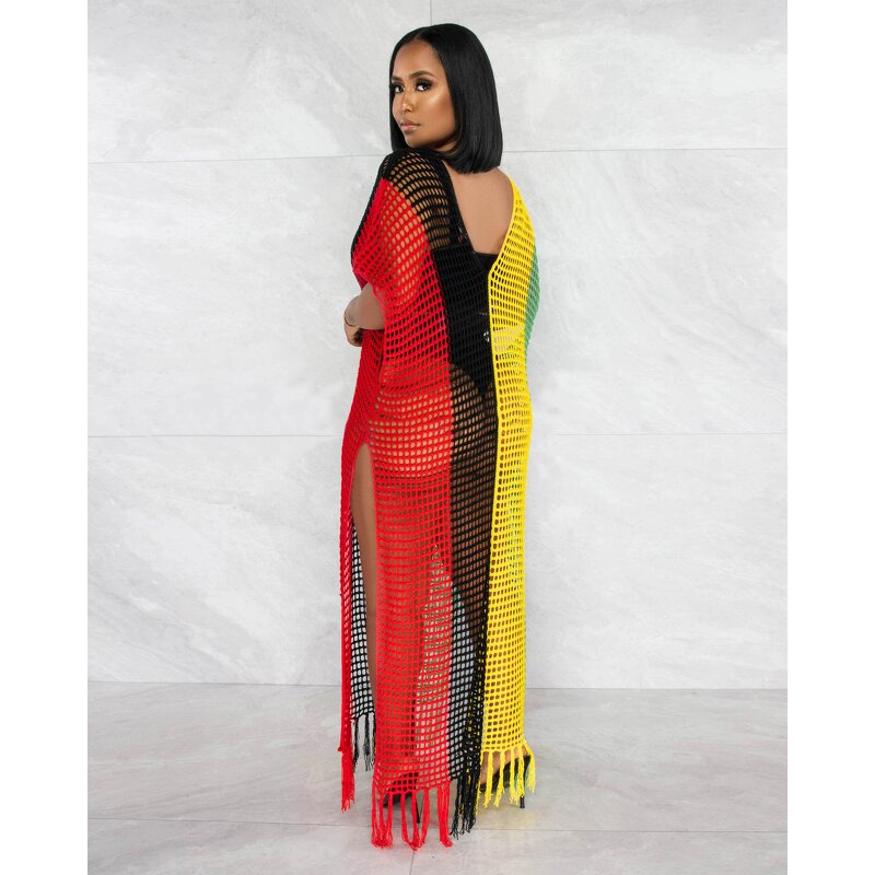 Beach Cover Up Manufacturer - Wholesale V Neck Knit Crochet Mesh Loose Dress