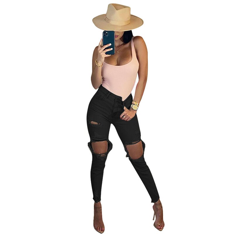 Women Jeans Manufacturer - OEM Design Ripped Elastic Destroyed Skinny Jeans