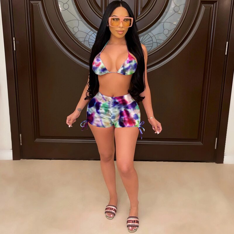 Bikini Set Manufacturer - Custom Colourful Print Bikini Top and Shorts Set