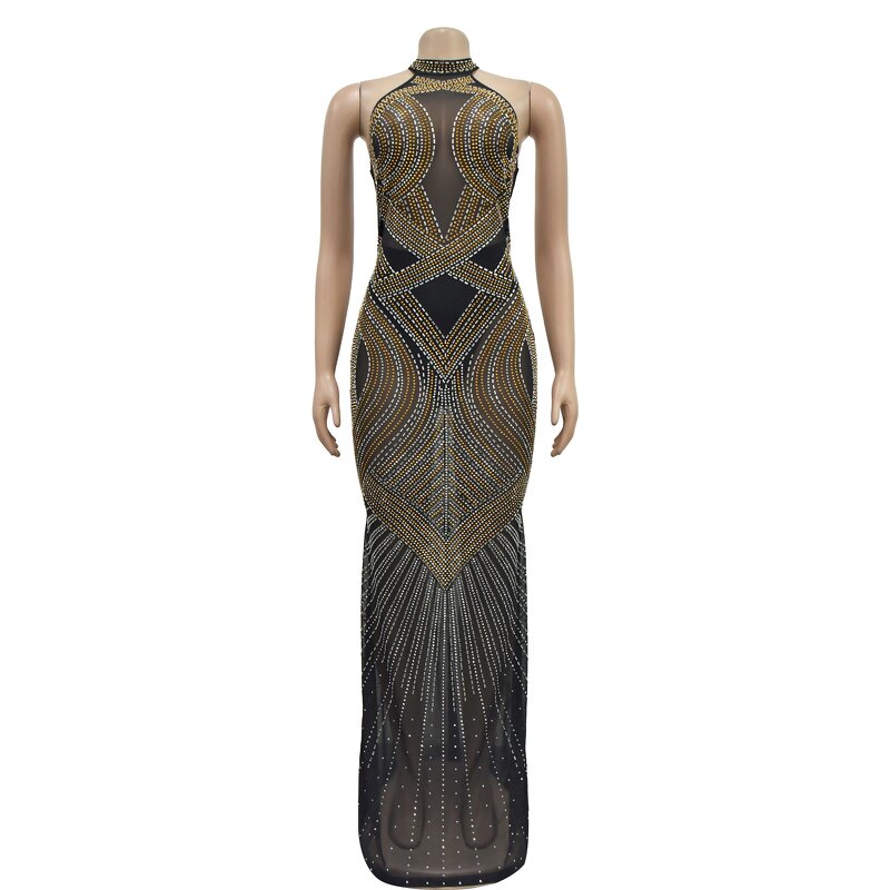 Party Dress Manufacturer - Custom Halter Mesh See Through Rhinestone Maxi Dress