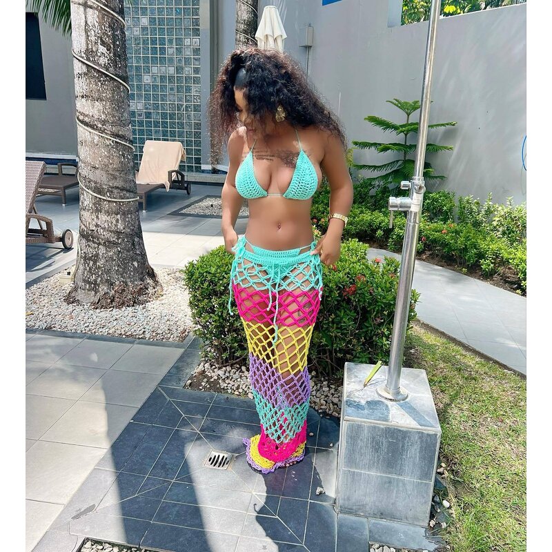 Bikini Set Manufacturer - Custom Patchwork Crochet Cover Up Midi Skirt Set